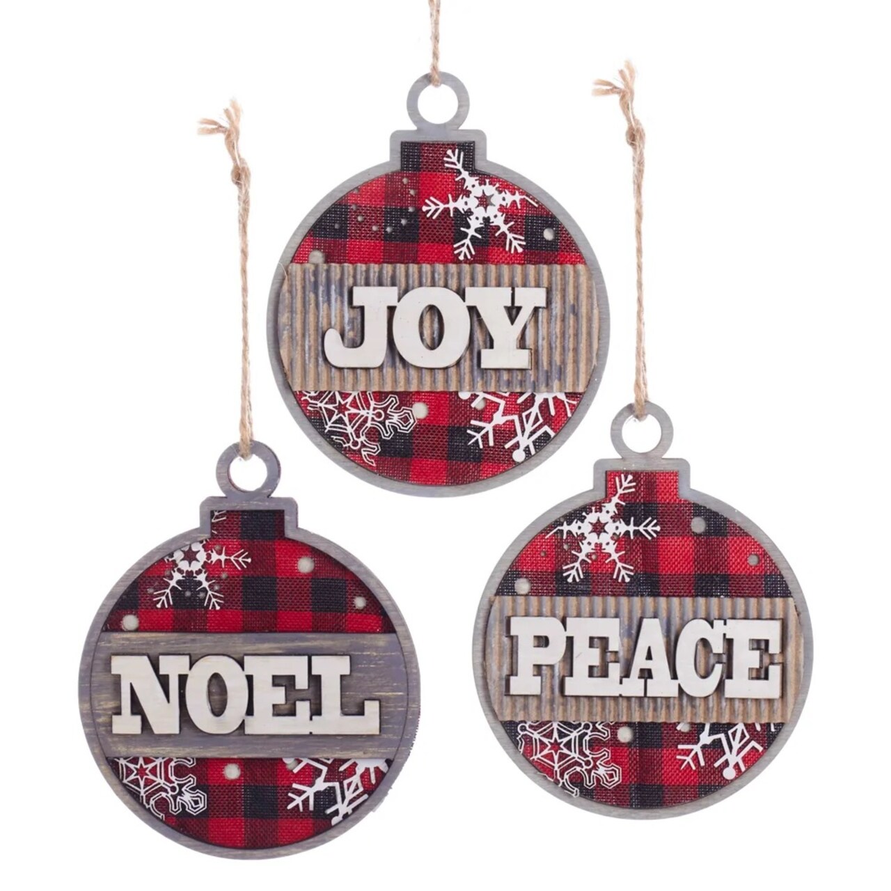 KSA Pack of 24 Wooden Plaid with Statement Christmas Ball Ornaments 5"